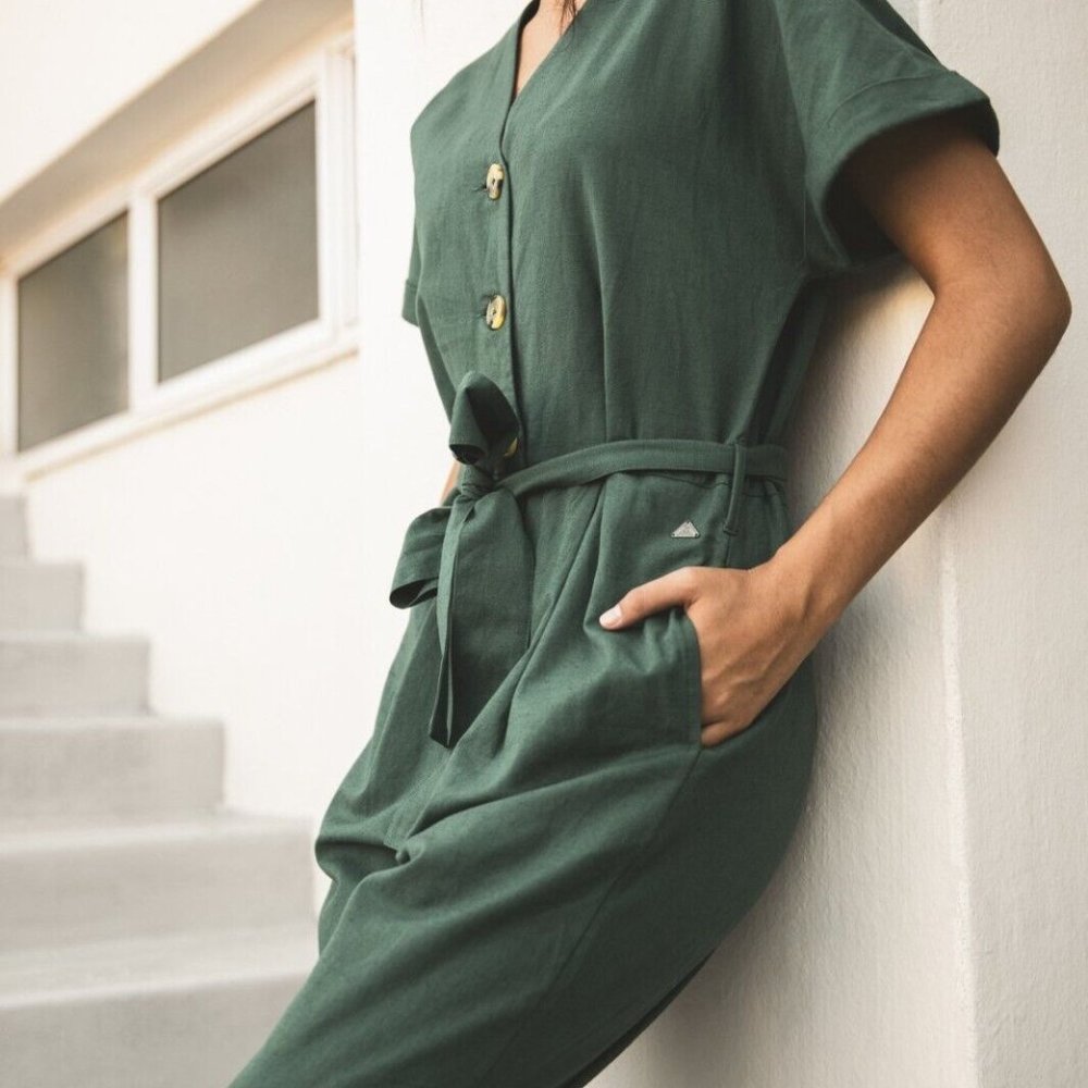 Old khaki jumpsuit Green Button Cotton Wide Leg New M 10